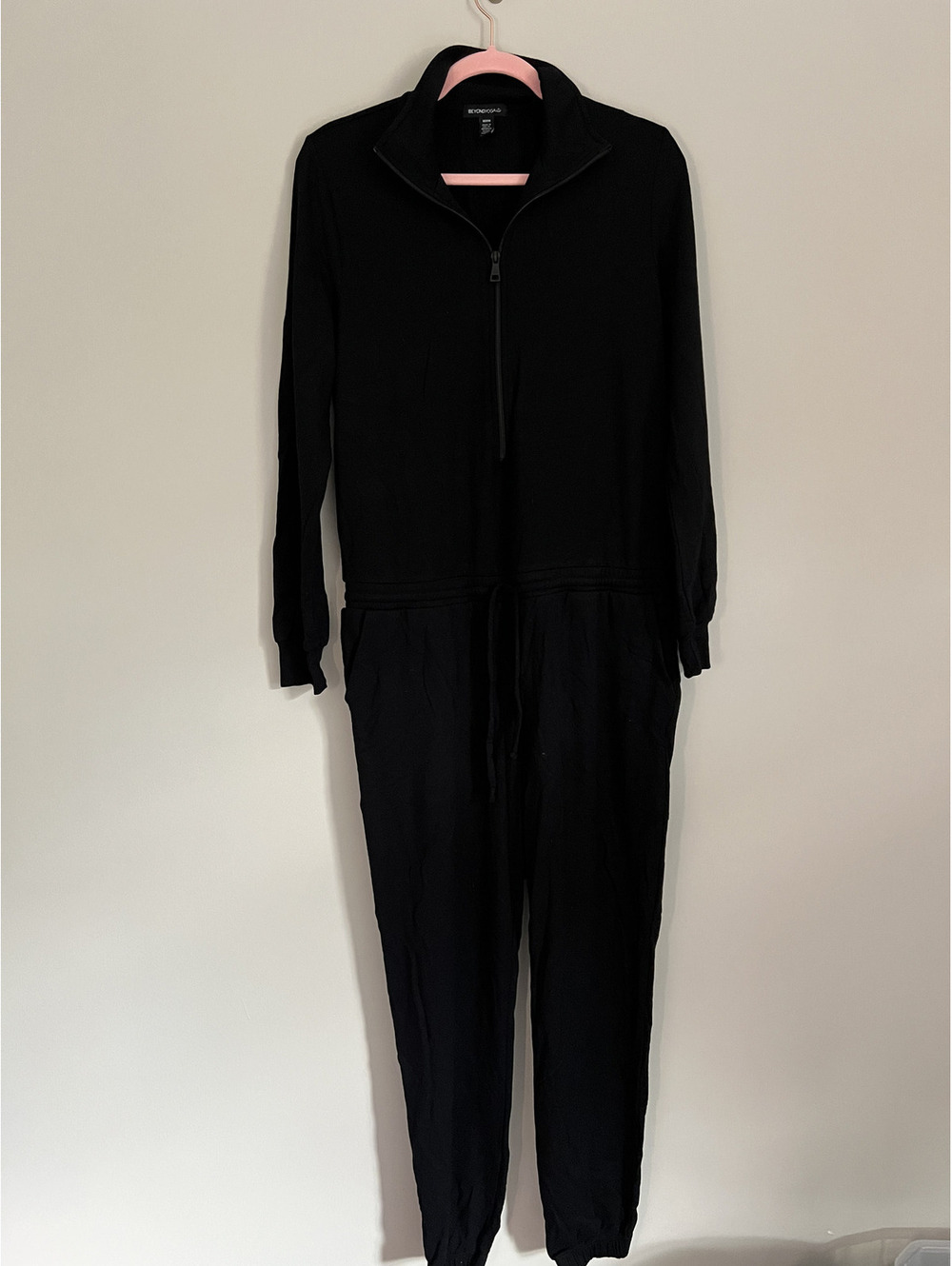 Beyond Yoga Black Zip Front Long Sleeve Jumpsuit Size Medium 26" Inseam